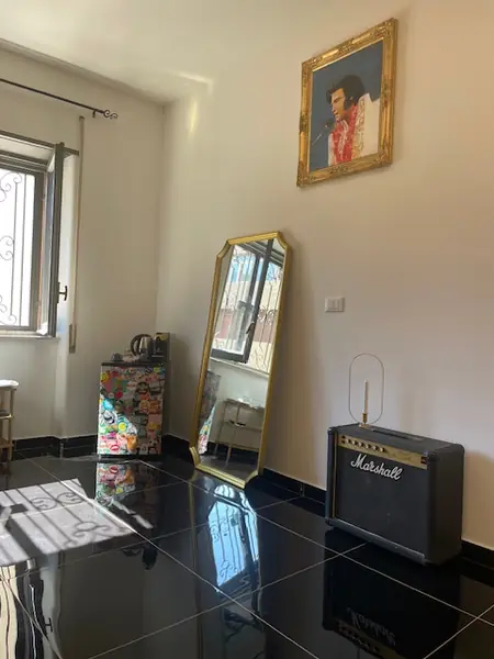 Ritratto di Elvis, specchio dorato e amplificatore Marshall nel monolocale Rock